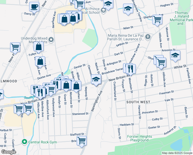 map of restaurants, bars, coffee shops, grocery stores, and more near 757 New Britain Avenue in Hartford