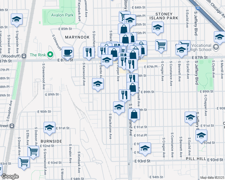 map of restaurants, bars, coffee shops, grocery stores, and more near 8907 South Blackstone Avenue in Chicago