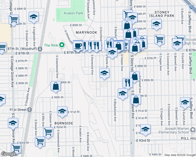 map of restaurants, bars, coffee shops, grocery stores, and more near 8900 South Dorchester Avenue in Chicago