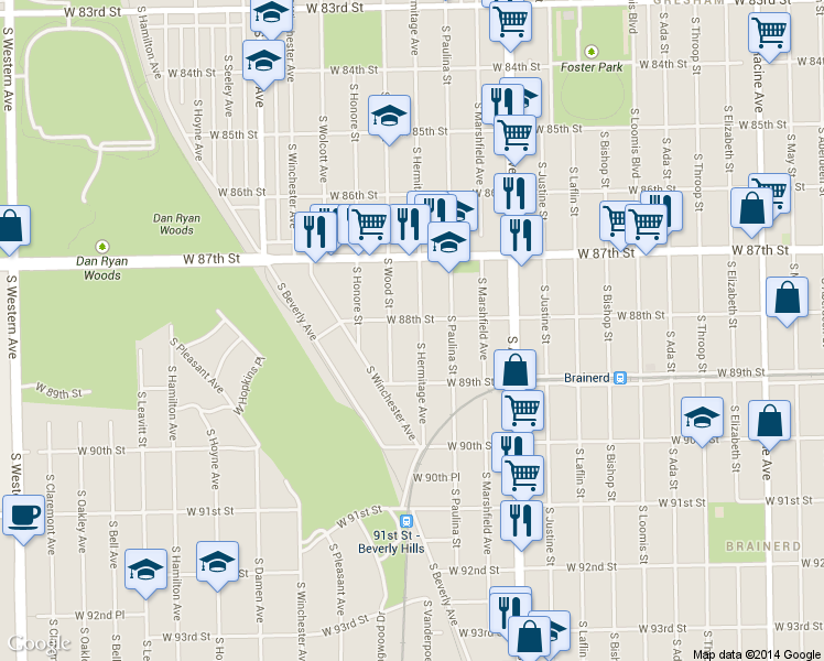 map of restaurants, bars, coffee shops, grocery stores, and more near 8829 South Wood Street in Chicago