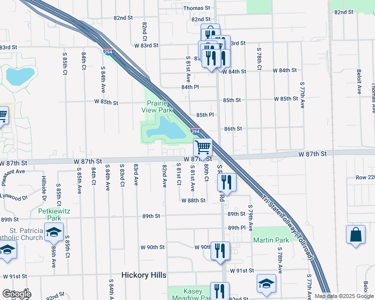 map of restaurants, bars, coffee shops, grocery stores, and more near 8701 South 81st Court in Hickory Hills