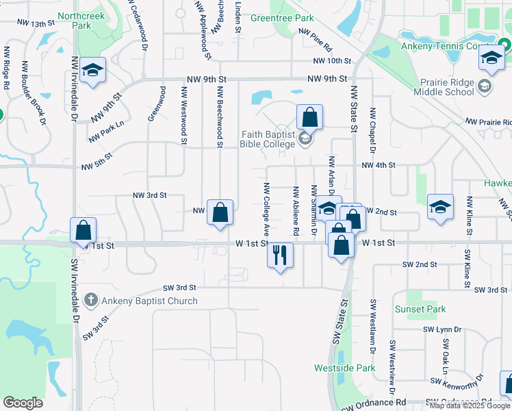 map of restaurants, bars, coffee shops, grocery stores, and more near 201 Northwest College Avenue in Ankeny