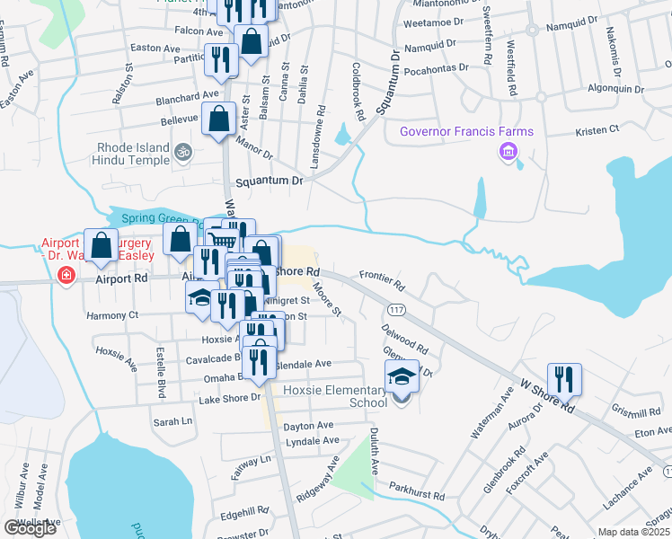 map of restaurants, bars, coffee shops, grocery stores, and more near 109 Rhode Island 117 in Warwick