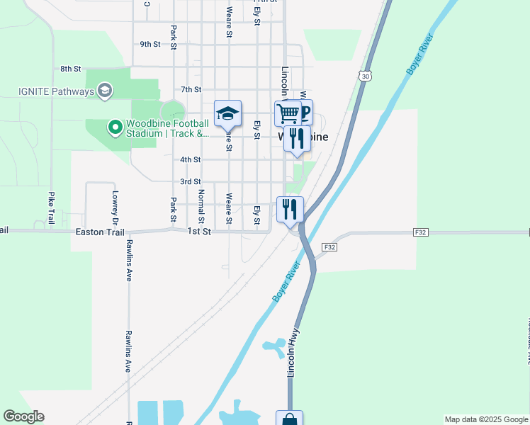 map of restaurants, bars, coffee shops, grocery stores, and more near 104 Ely Street in Woodbine
