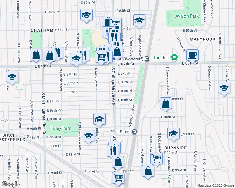 map of restaurants, bars, coffee shops, grocery stores, and more near 8841 South Cottage Grove Avenue in Chicago
