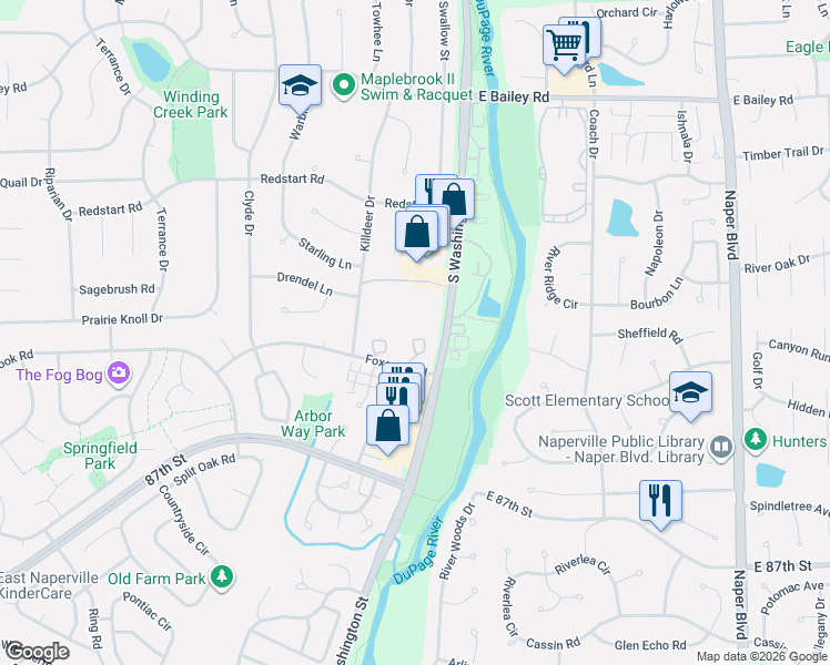 map of restaurants, bars, coffee shops, grocery stores, and more near 19 Foxcroft Road in Naperville