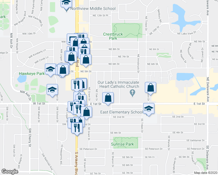 map of restaurants, bars, coffee shops, grocery stores, and more near 214 Northeast Crestmoor Place in Ankeny