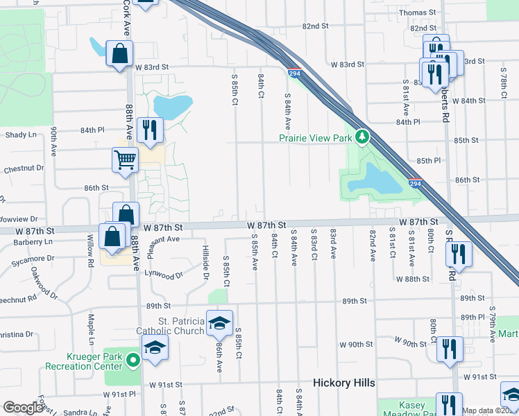 map of restaurants, bars, coffee shops, grocery stores, and more near 8650 84th Court in Hickory Hills