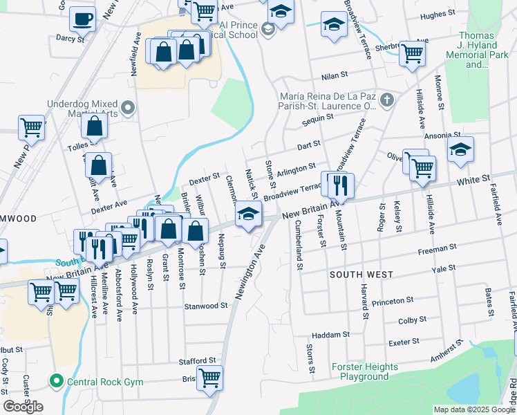 map of restaurants, bars, coffee shops, grocery stores, and more near 21 Natick Street in Hartford