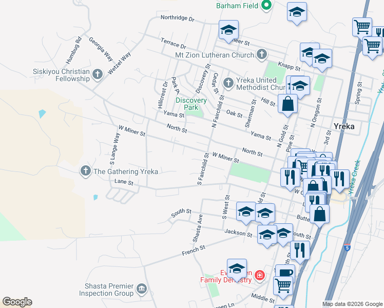 map of restaurants, bars, coffee shops, grocery stores, and more near 812 Silva Court in Yreka