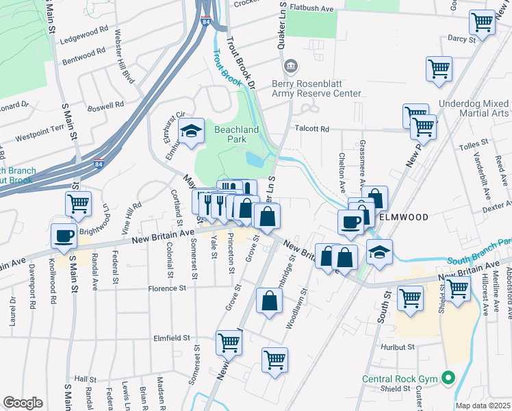 map of restaurants, bars, coffee shops, grocery stores, and more near 1131C New Britain Avenue in West Hartford