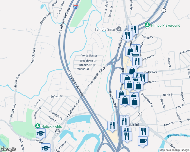 map of restaurants, bars, coffee shops, grocery stores, and more near 1370 New London Avenue in Cranston