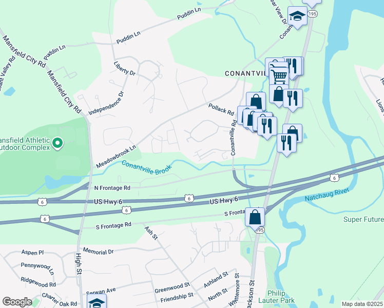 map of restaurants, bars, coffee shops, grocery stores, and more near 34 Ledgebrook Drive in Mansfield