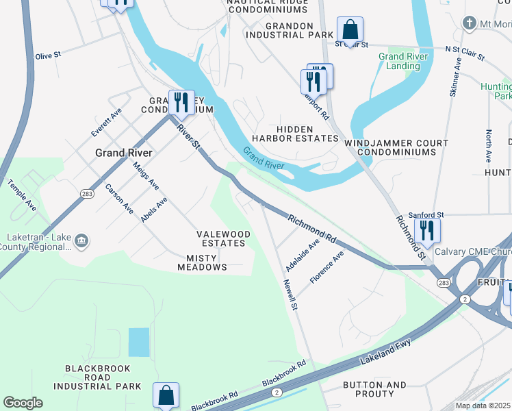 map of restaurants, bars, coffee shops, grocery stores, and more near 1043 Newell Street in Painesville