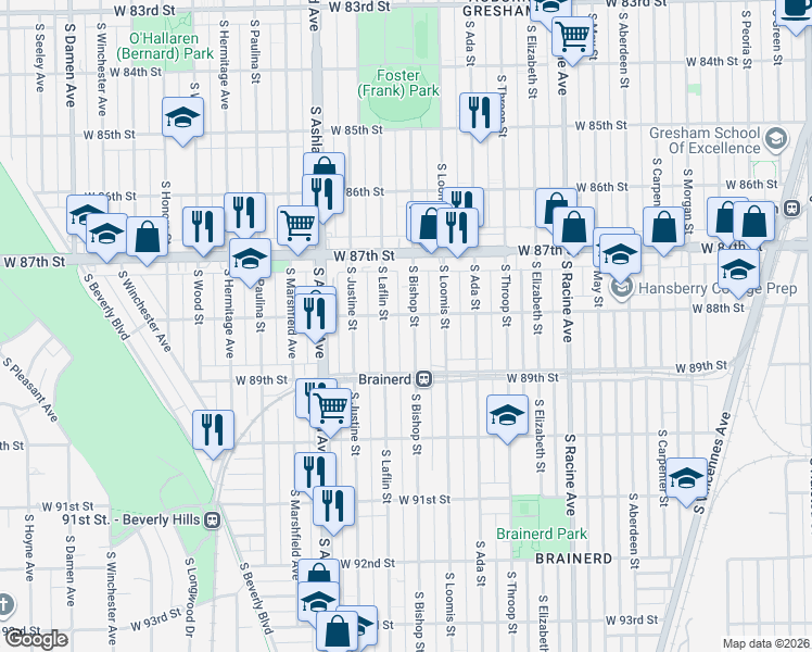 map of restaurants, bars, coffee shops, grocery stores, and more near 8835 South Laflin Street in Chicago