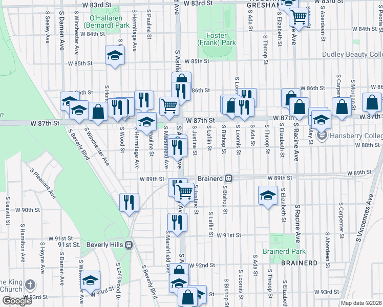 map of restaurants, bars, coffee shops, grocery stores, and more near 8831 South Justine Street in Chicago