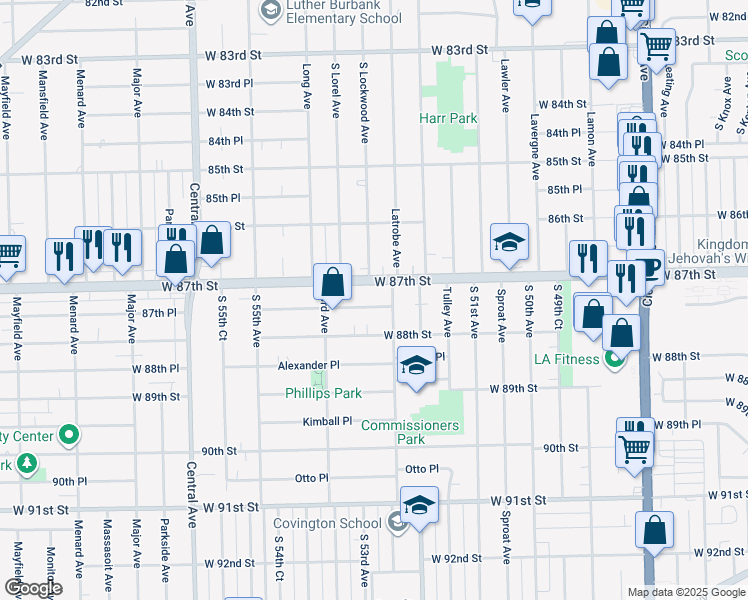 map of restaurants, bars, coffee shops, grocery stores, and more near 5217 Avery Place in Oak Lawn
