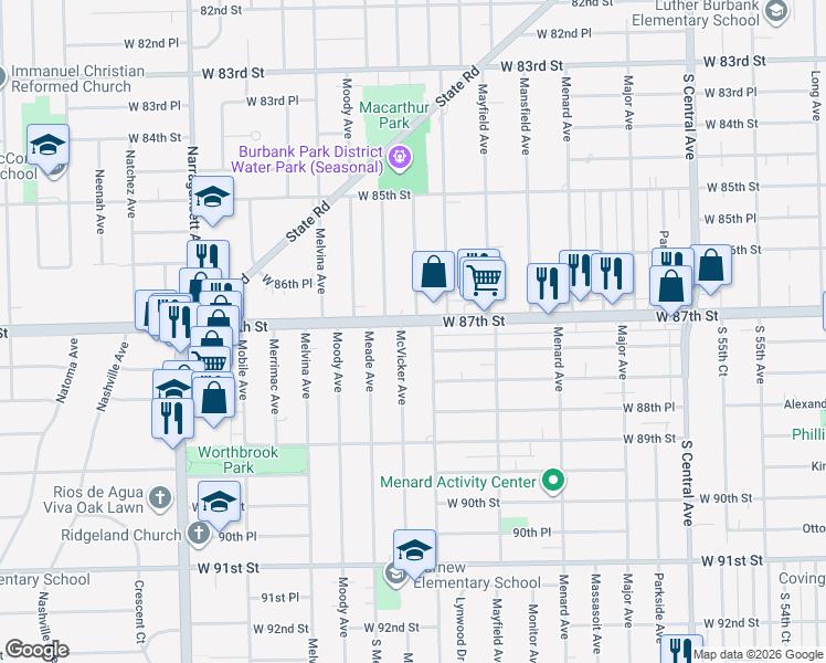 map of restaurants, bars, coffee shops, grocery stores, and more near 8720 Austin Avenue in Oak Lawn