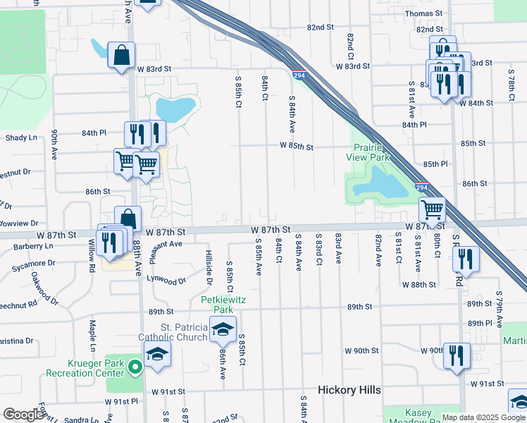 map of restaurants, bars, coffee shops, grocery stores, and more near 8512 West 87th Street in Hickory Hills
