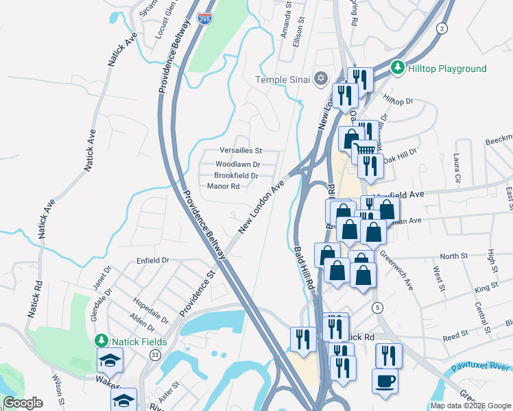 map of restaurants, bars, coffee shops, grocery stores, and more near 1370 New London Avenue in Cranston