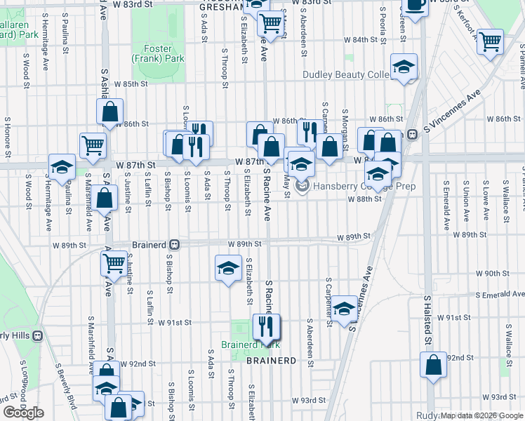 map of restaurants, bars, coffee shops, grocery stores, and more near 8841 South Elizabeth Street in Chicago