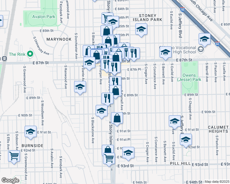 map of restaurants, bars, coffee shops, grocery stores, and more near 8901 South Stony Island Avenue in Chicago