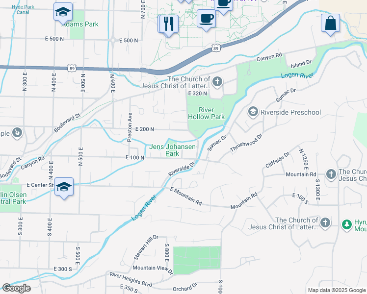 map of restaurants, bars, coffee shops, grocery stores, and more near 294 North 875 East in Logan