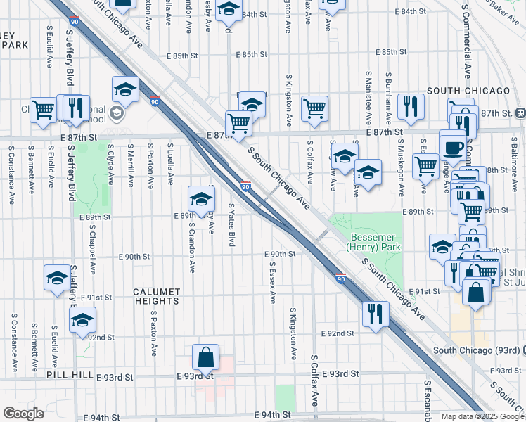 map of restaurants, bars, coffee shops, grocery stores, and more near 8933 South Anthony Avenue in Chicago