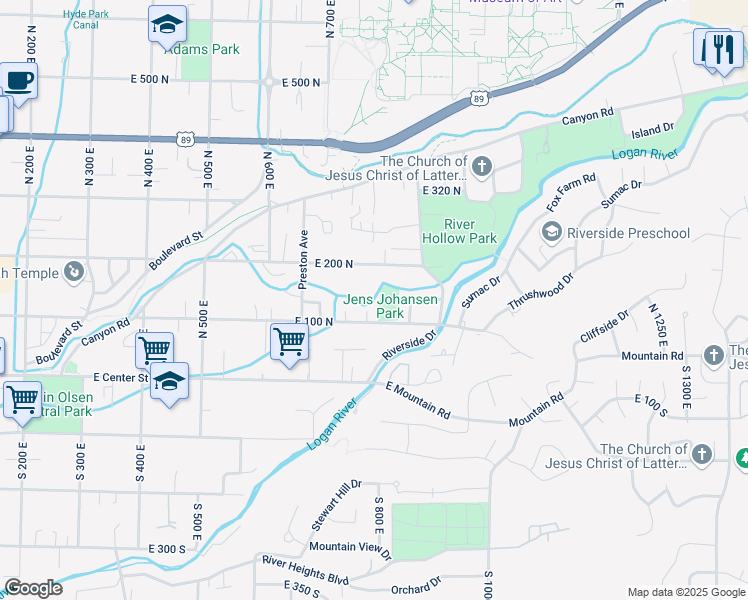 map of restaurants, bars, coffee shops, grocery stores, and more near 825 East 100 North in Logan