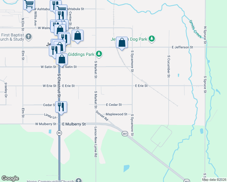 map of restaurants, bars, coffee shops, grocery stores, and more near 144 East Erie Street in Jefferson