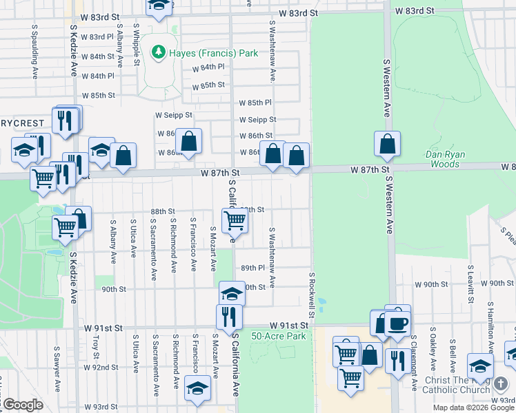 map of restaurants, bars, coffee shops, grocery stores, and more near 8818 Washtenaw Avenue in Evergreen Park
