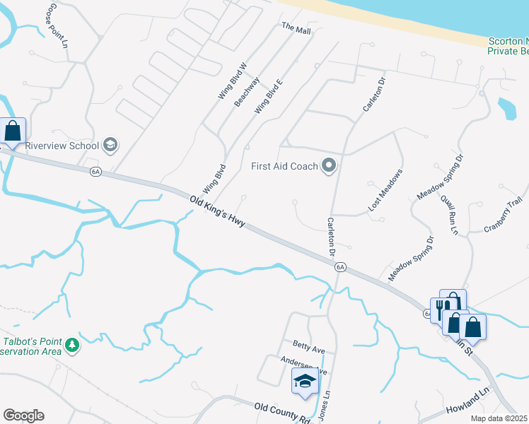 map of restaurants, bars, coffee shops, grocery stores, and more near 613 Massachusetts 6A in Sandwich