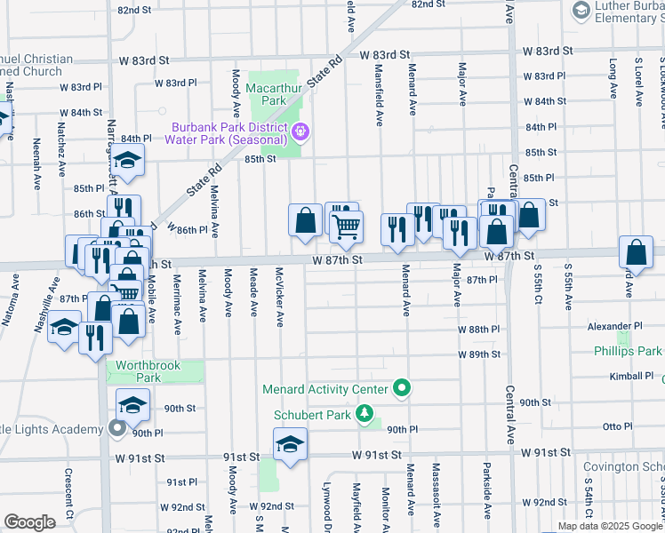 map of restaurants, bars, coffee shops, grocery stores, and more near 8639 Austin Avenue in Burbank