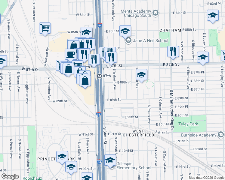 map of restaurants, bars, coffee shops, grocery stores, and more near 8801 South Wabash Avenue in Chicago