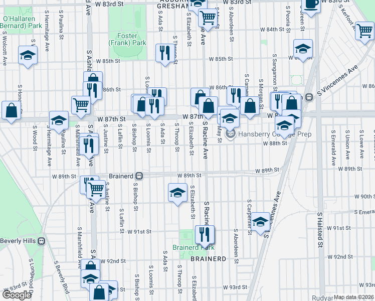 map of restaurants, bars, coffee shops, grocery stores, and more near 8751 South Throop Street in Chicago