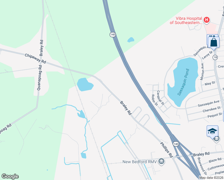 map of restaurants, bars, coffee shops, grocery stores, and more near 1573 Braley Road in New Bedford