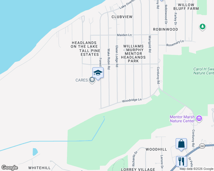 map of restaurants, bars, coffee shops, grocery stores, and more near 5040 Wake Robin Road in Mentor