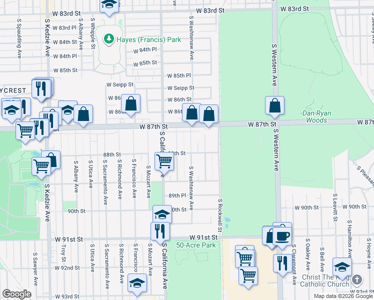 map of restaurants, bars, coffee shops, grocery stores, and more near 8724 South Washtenaw Avenue in Evergreen Park