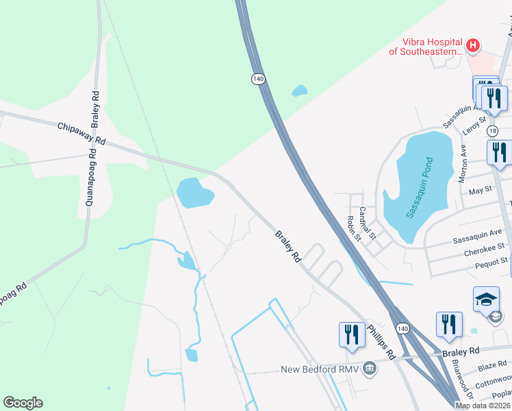 map of restaurants, bars, coffee shops, grocery stores, and more near 1573 Braley Road in New Bedford