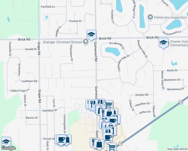 map of restaurants, bars, coffee shops, grocery stores, and more near 52000-52396 Gumwood Road in Granger