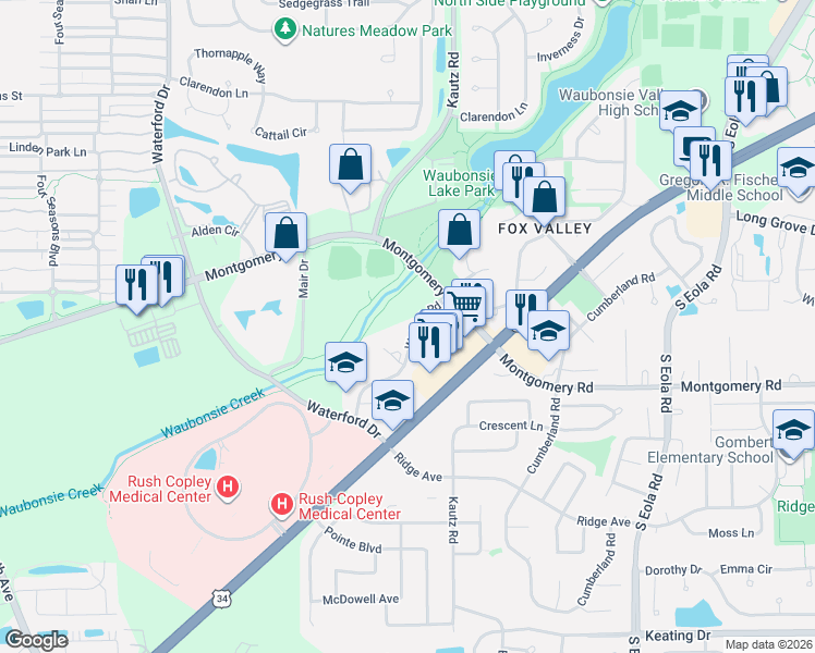 map of restaurants, bars, coffee shops, grocery stores, and more near 2160 Walcott Road in Aurora