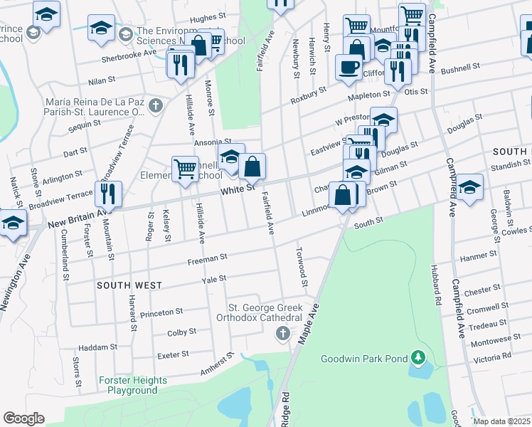 map of restaurants, bars, coffee shops, grocery stores, and more near 257 Fairfield Avenue in Hartford