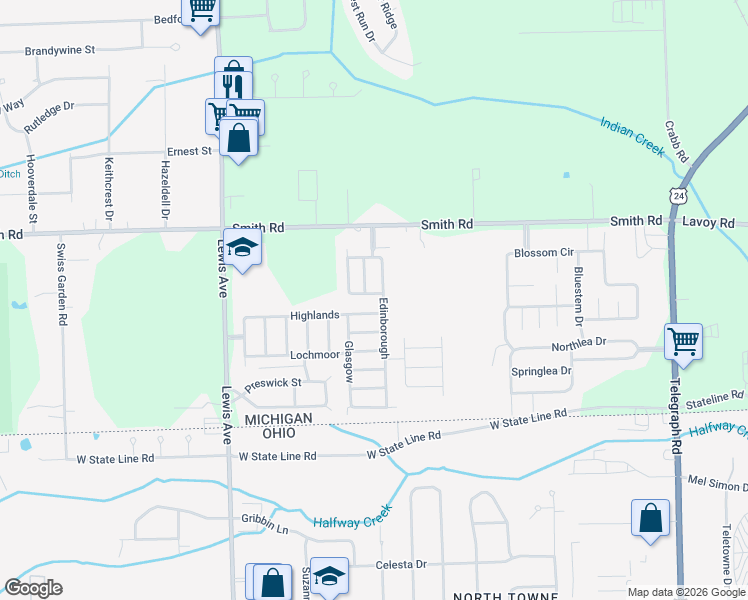 map of restaurants, bars, coffee shops, grocery stores, and more near 477 Edinborough in Temperance