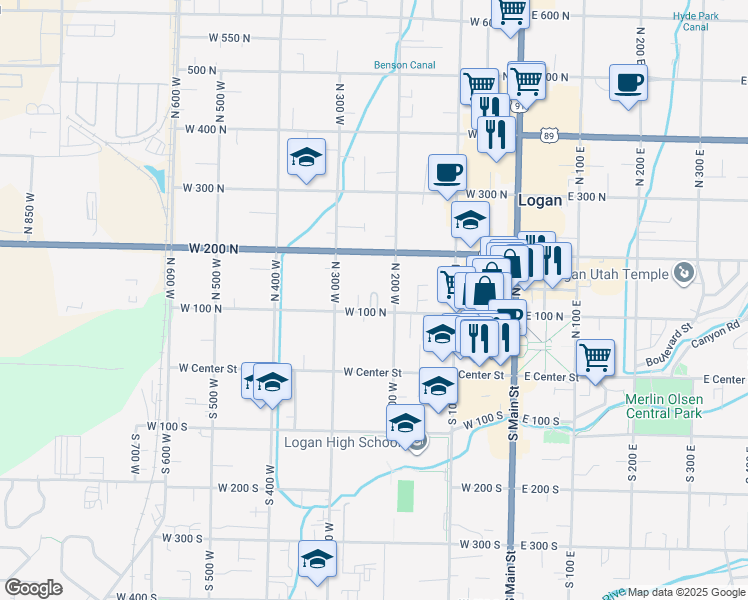 map of restaurants, bars, coffee shops, grocery stores, and more near 172 North 300 West in Logan