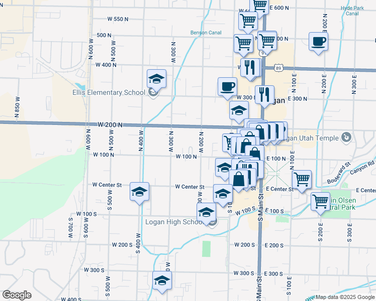 map of restaurants, bars, coffee shops, grocery stores, and more near 172 North 300 West in Logan