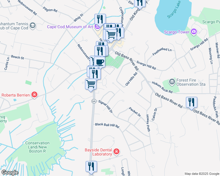 map of restaurants, bars, coffee shops, grocery stores, and more near 15 Heegeong Drive in Dennis