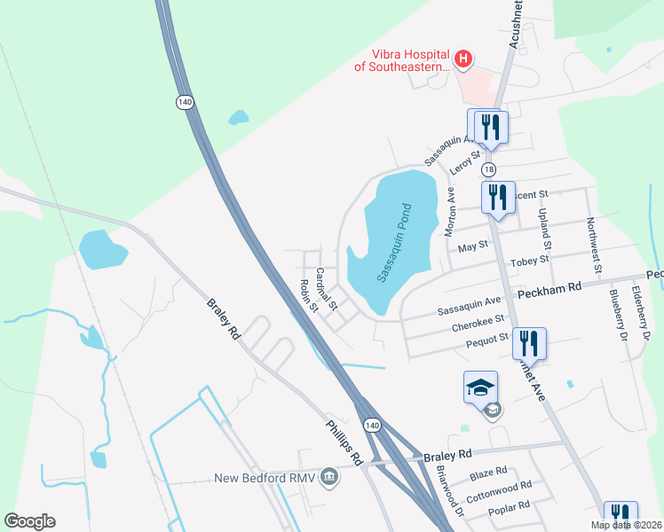 map of restaurants, bars, coffee shops, grocery stores, and more near 1300 Sassaquin Avenue in New Bedford