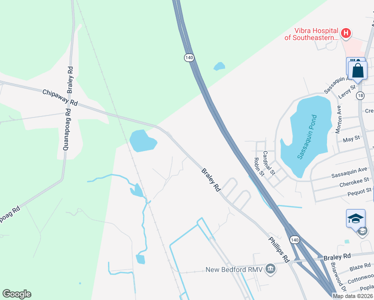 map of restaurants, bars, coffee shops, grocery stores, and more near 1573 Braley Road in New Bedford