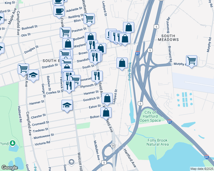 map of restaurants, bars, coffee shops, grocery stores, and more near 798 Wethersfield Avenue in Hartford