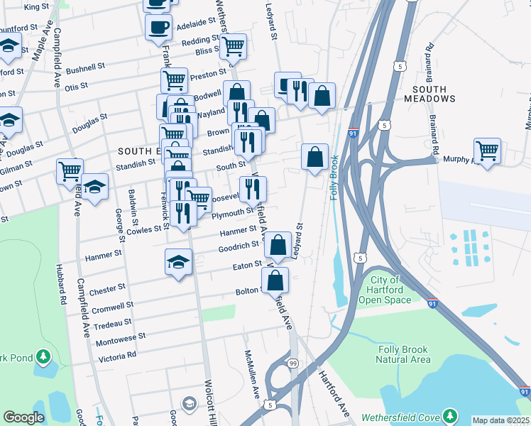 map of restaurants, bars, coffee shops, grocery stores, and more near 779 Wethersfield Avenue in Hartford